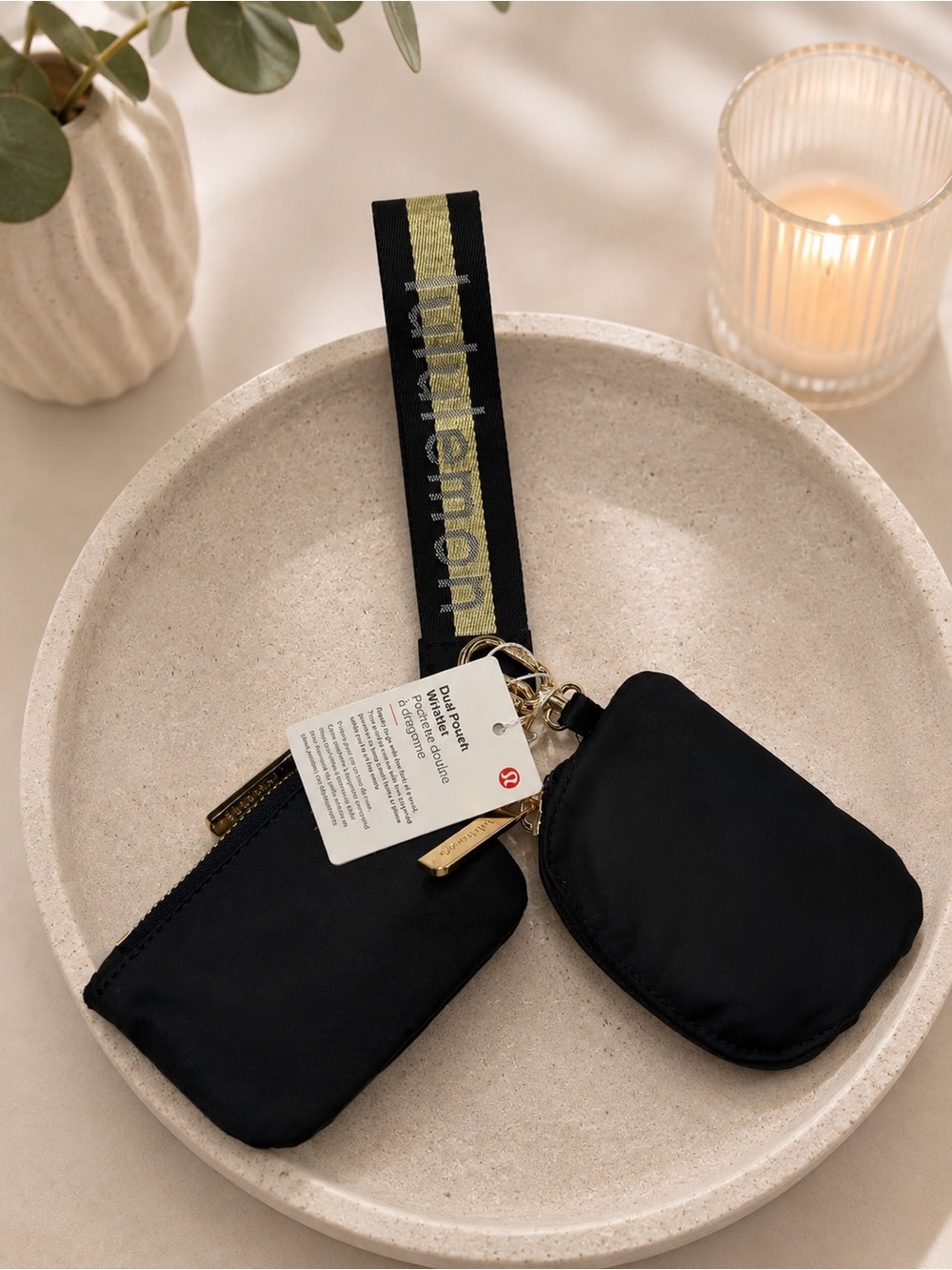 athletica Black Double Pouch Wristlet with Gold Accents